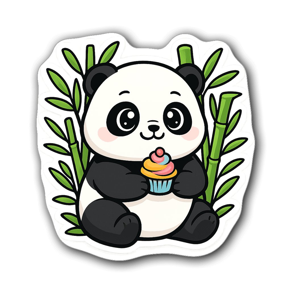 Kawaii chubby panda holding a cupcake surrounded by bamboo