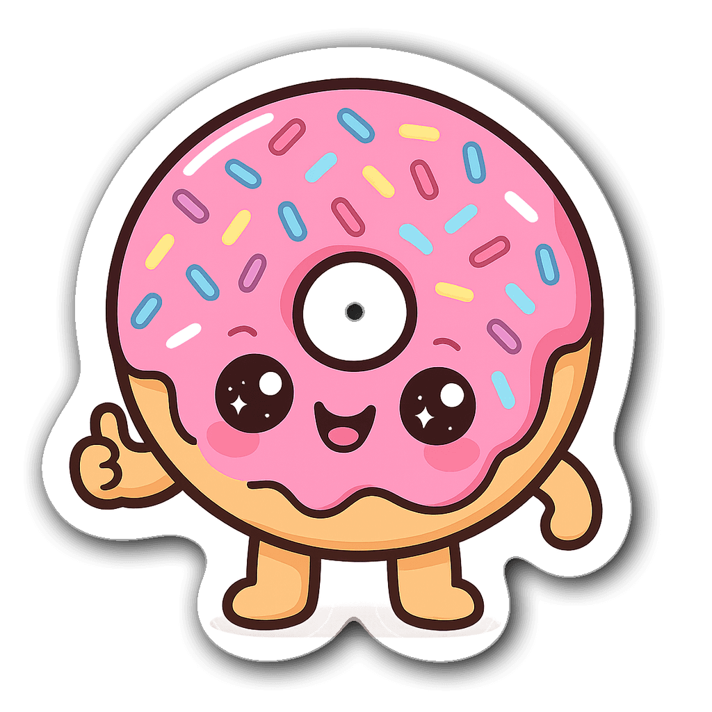 Kawaii donut character with big eyes and colorful sprinkles