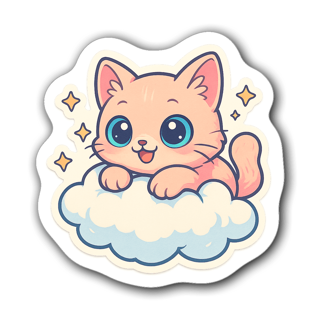 Kawaii kitten resting on a fluffy cloud with stars