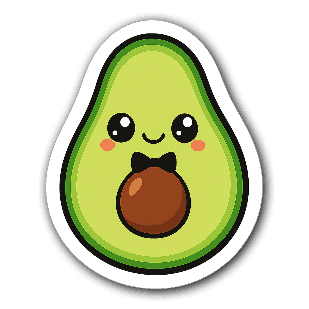 Cute chibi avocado sticker with big eyes and a bowtie