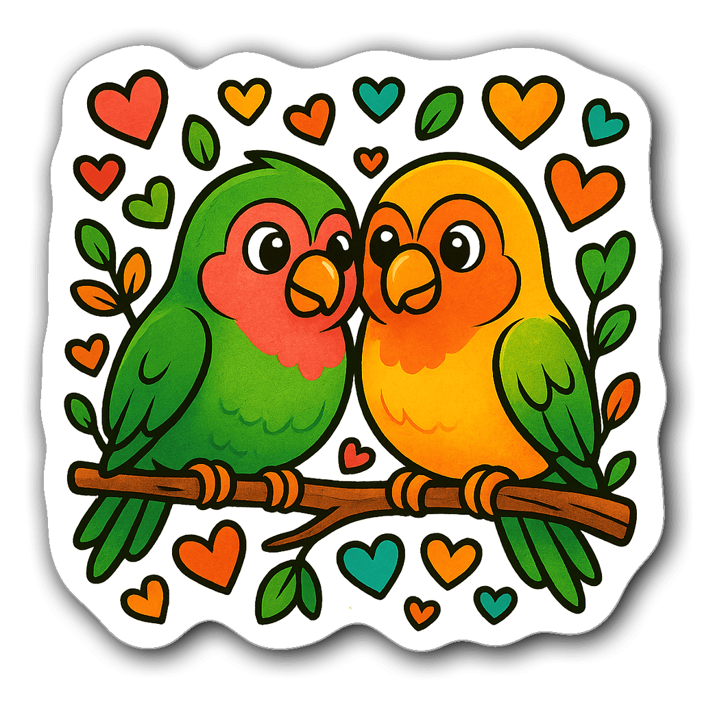 Illustration of cartoon lovebirds on a branch with heart leaves