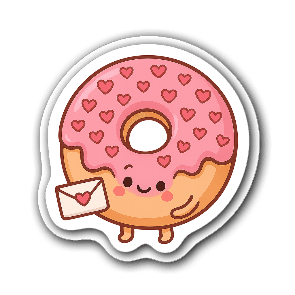 Cute donut with pink icing and heart sprinkles holding a love letter