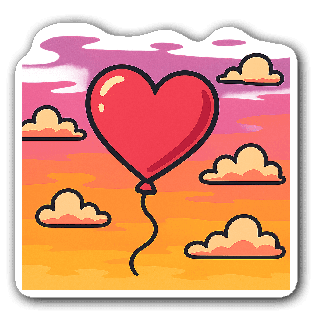 Stylized heart balloon against a pastel sunset background