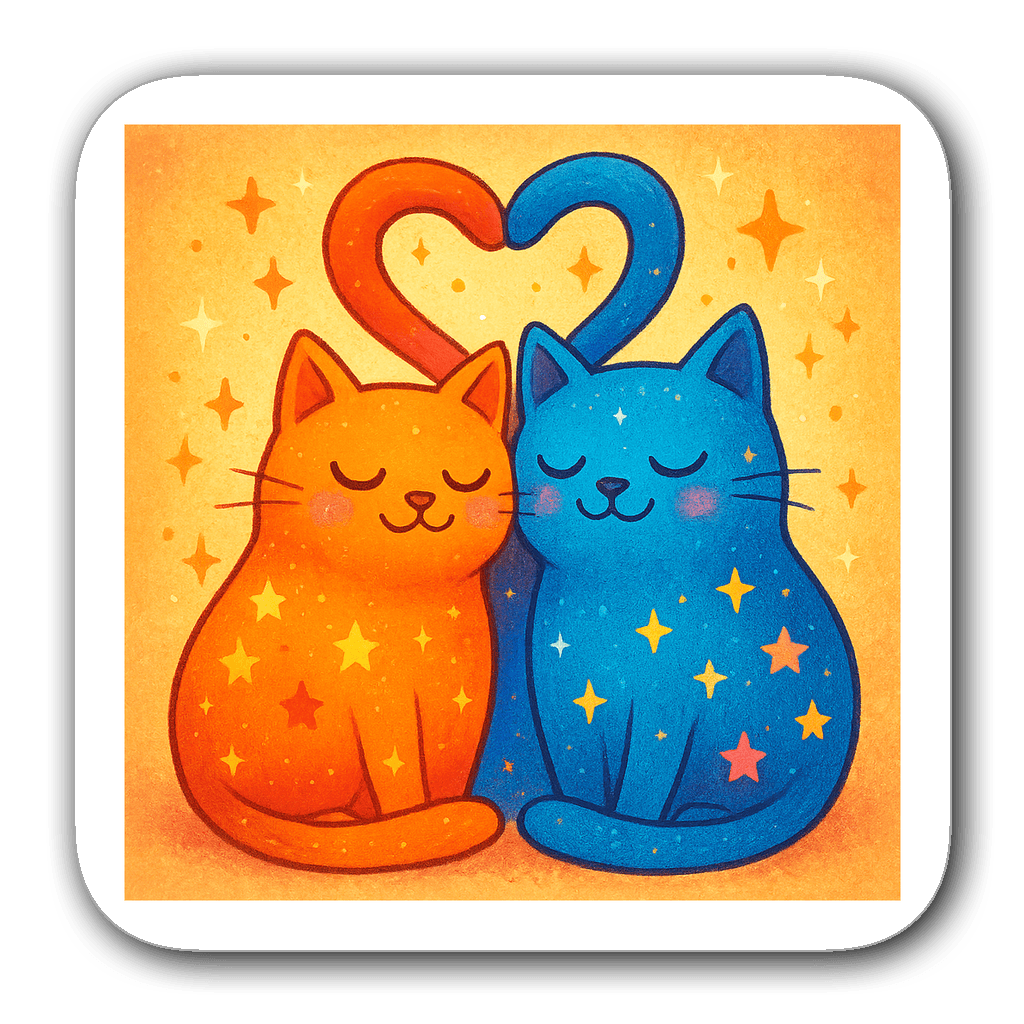 Two whimsical cats snuggled together forming a heart shape