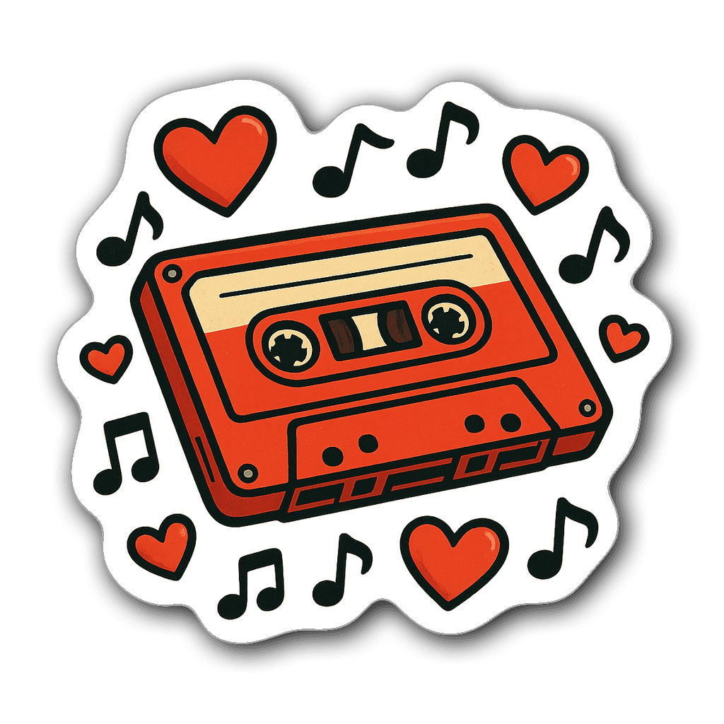Vintage cassette tape surrounded by hearts and music notes sticker