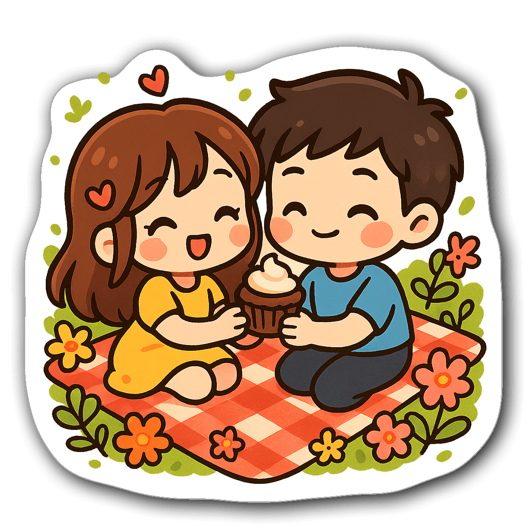 Chibi-style couple on a picnic blanket sharing a cupcake