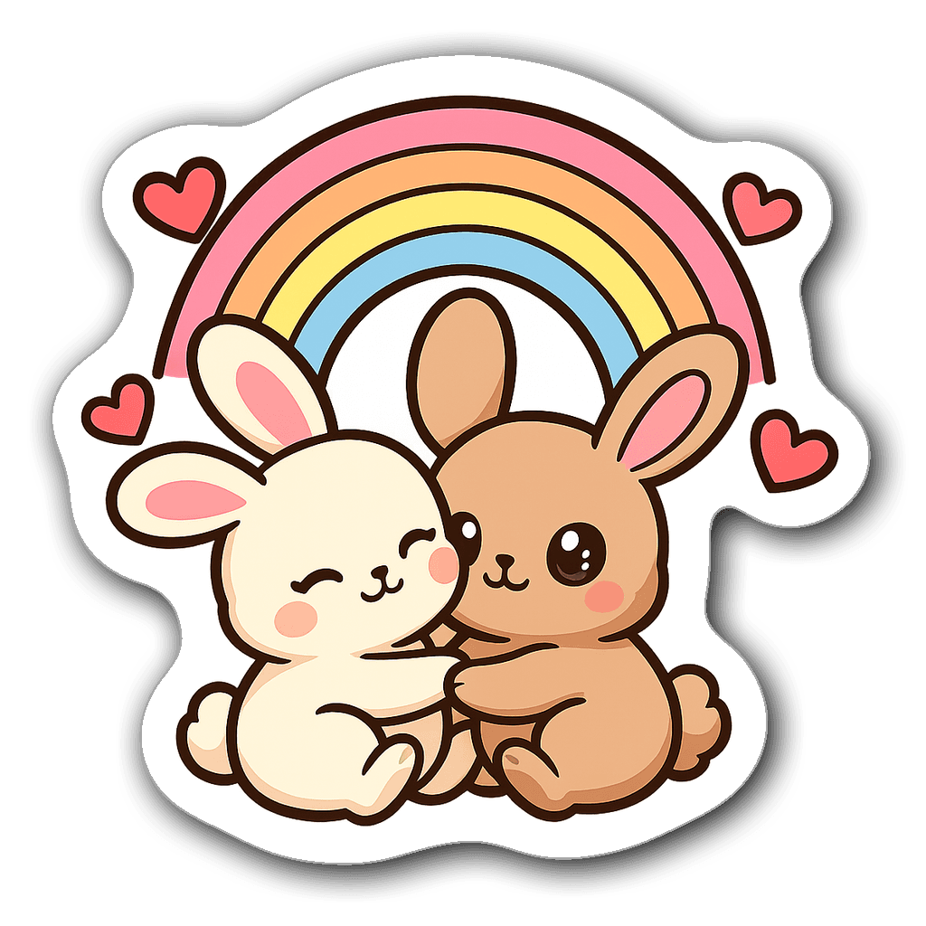 Kawaii chibi bunnies cuddling under a pastel rainbow sticker