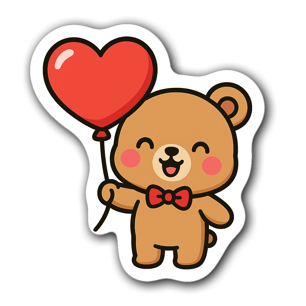 Kawaii chibi bear holding a heart-shaped balloon sticker