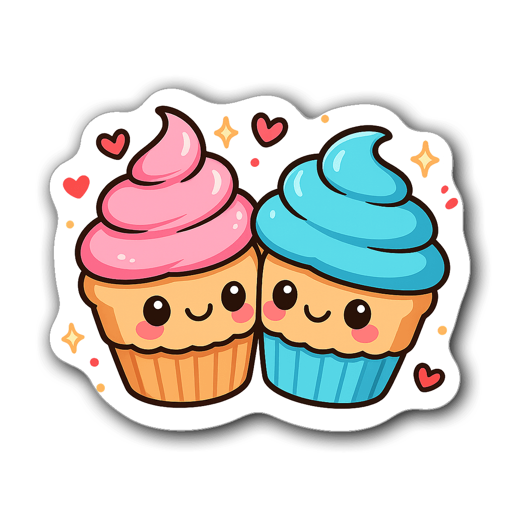 Two chibi cupcakes with pink and blue frosting leaning towards each other