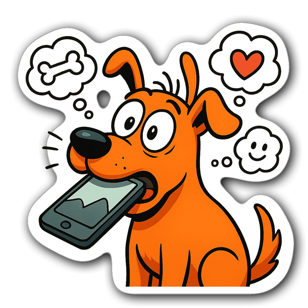 Bright orange cartoon dog holding a smartphone with playful thought bubbles