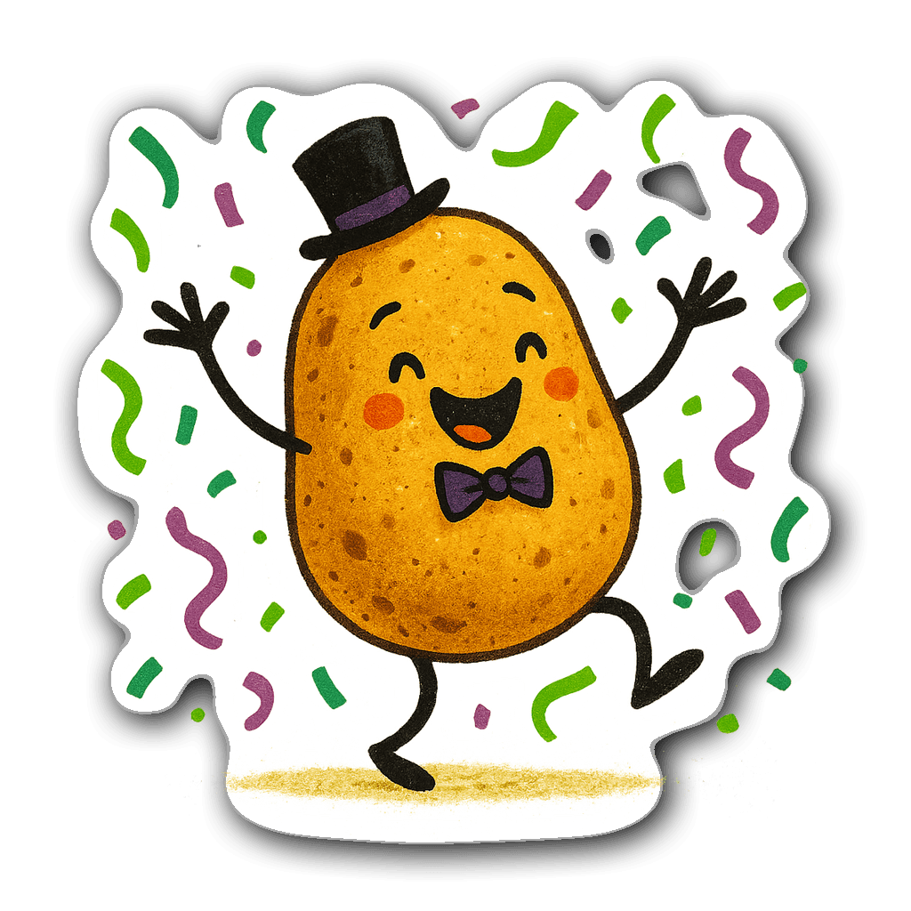 Quirky potato character dancing with confetti