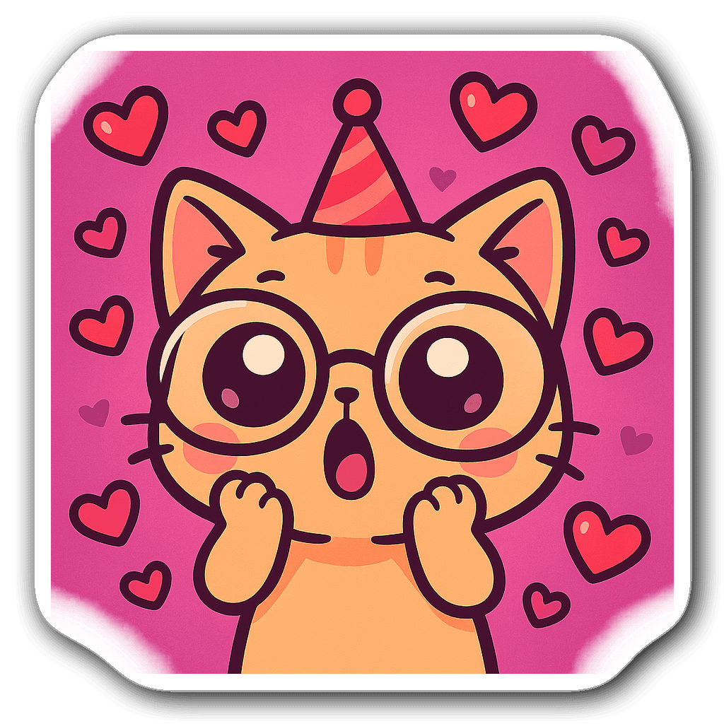 Chibi cat with oversized glasses, party hat, and heart emojis