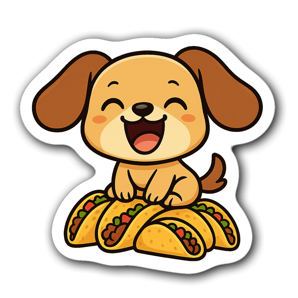 Kawaii chibi dog with floppy ears laughing on tacos