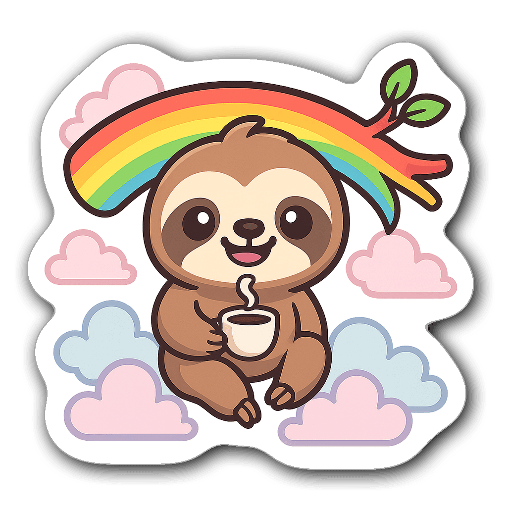 Chibi sloth hanging from a colorful tree branch with clouds