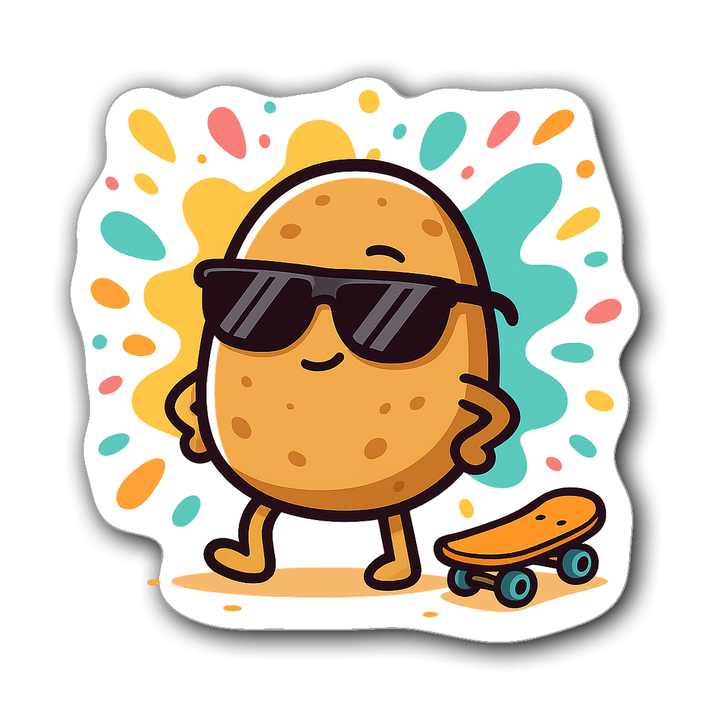 Kawaii chibi potato sticker with sunglasses on skateboard