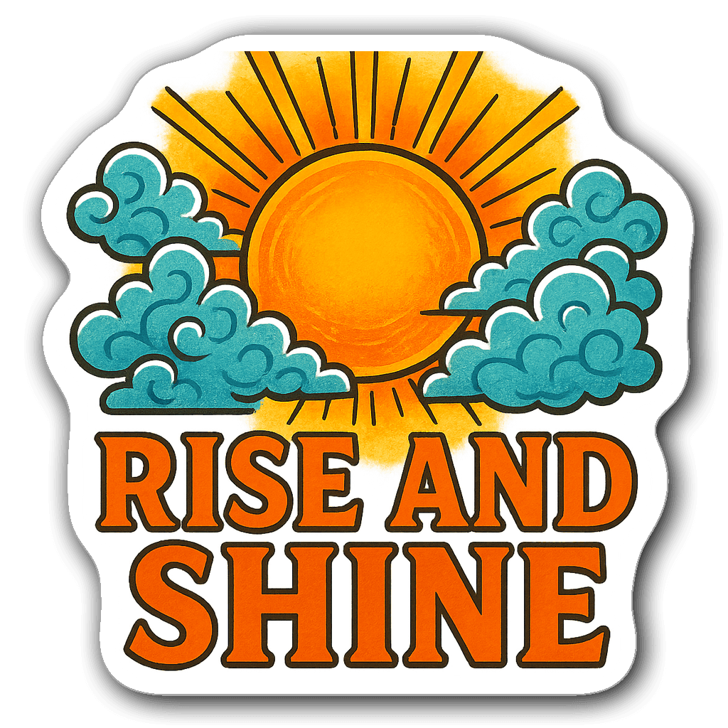 Vibrant sun sticker with the quote 'Rise and Shine'