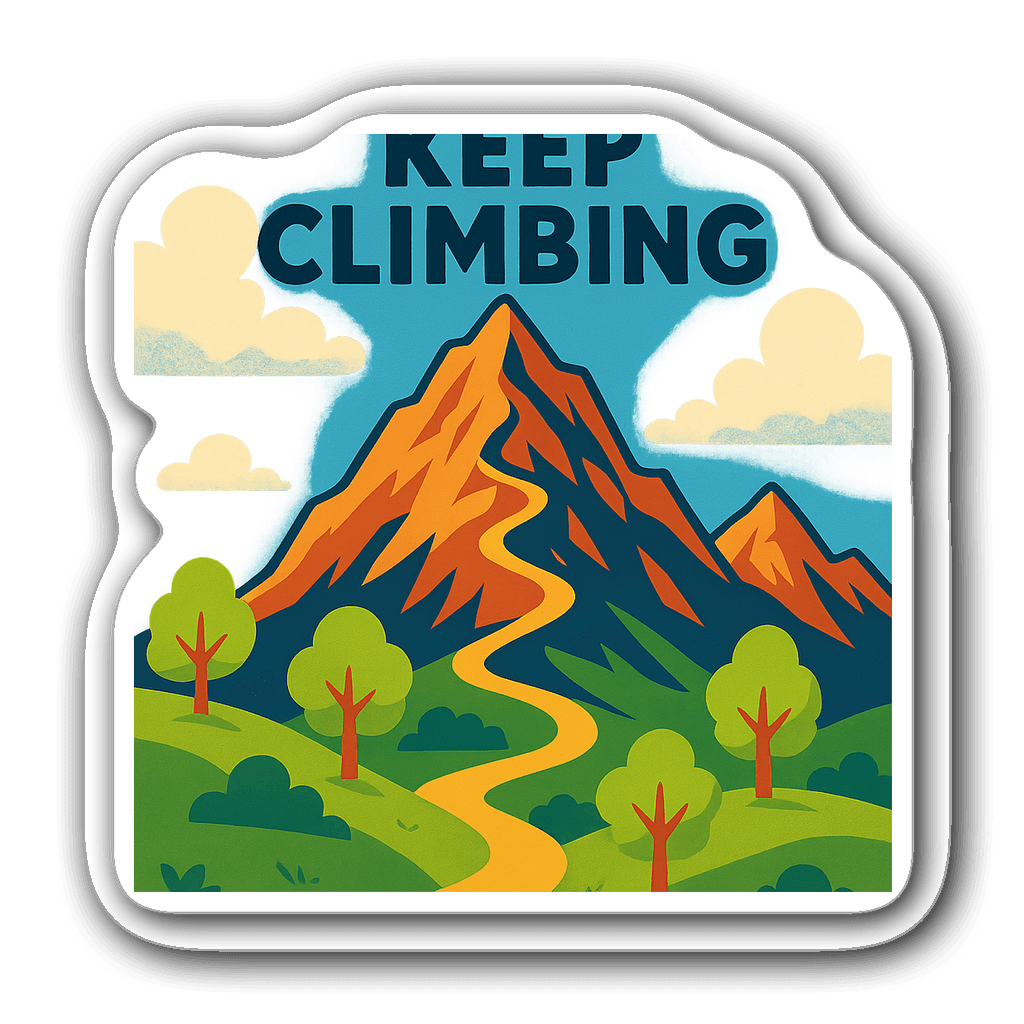 Bold mountain range with cheerful trees and blue sky sticker