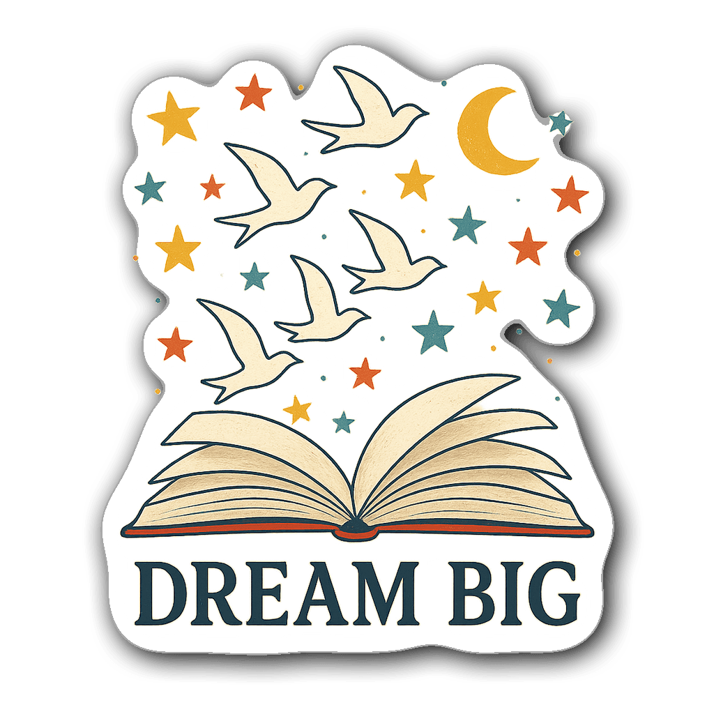 Dream Big vinyl sticker with an open book and flying pages