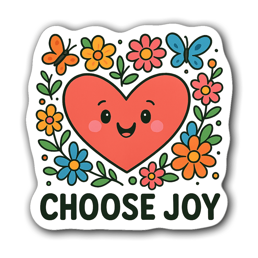 A cartoon heart surrounded by colorful flowers and butterflies