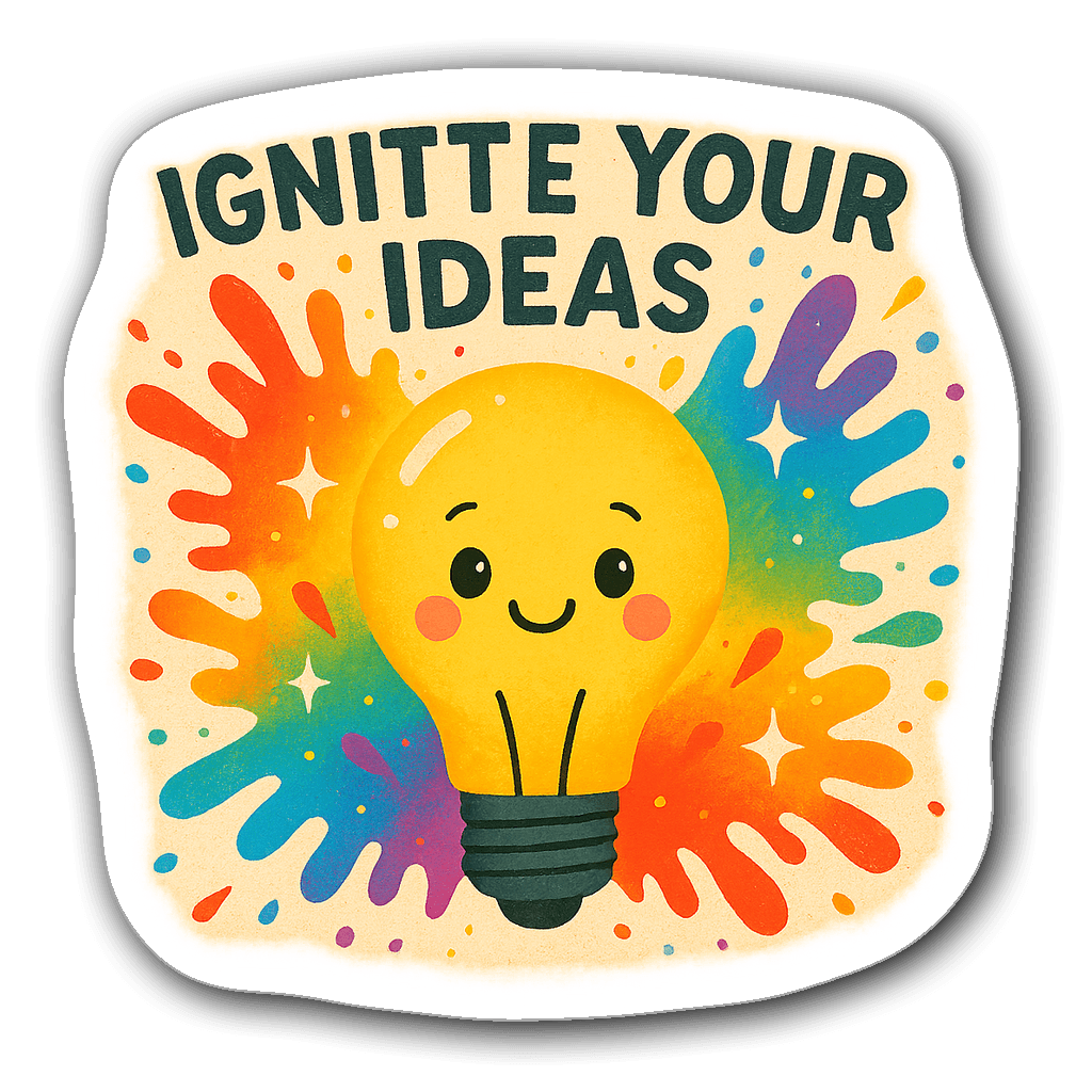 A cute lightbulb illustration with colorful splashes and sparkles