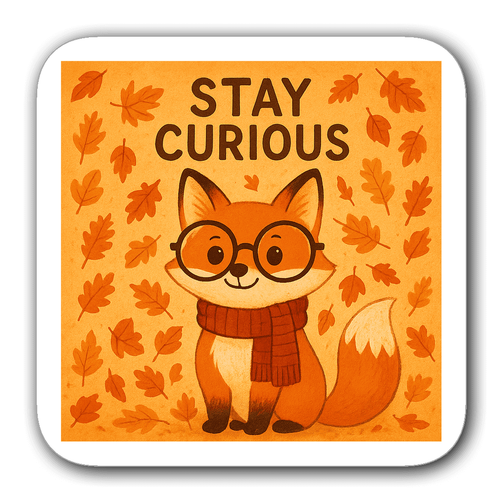 Cheerful fox sticker with oversized glasses and autumn leaves