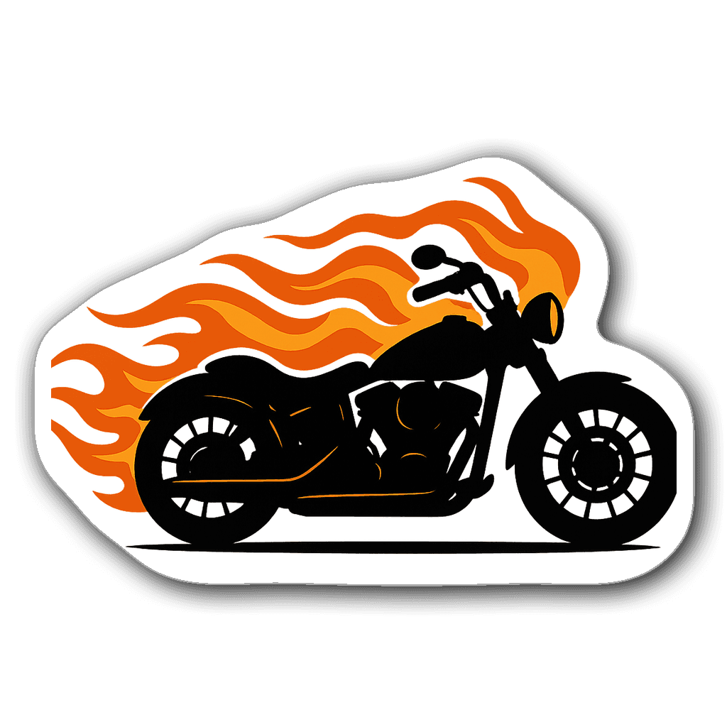 Classic motorcycle silhouette with flames in bold colors