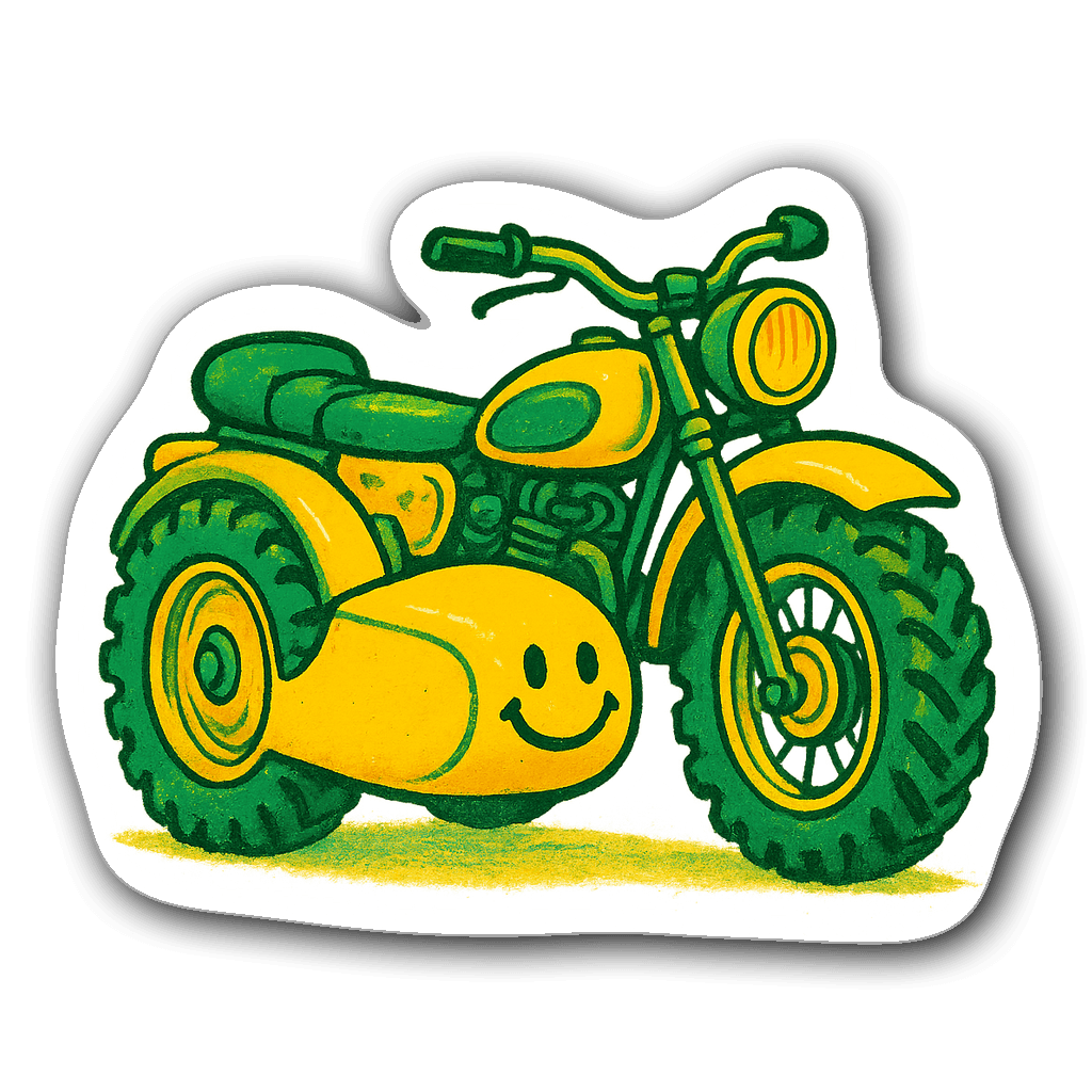 Vintage motorcycle illustration with bright colors and whimsical design
