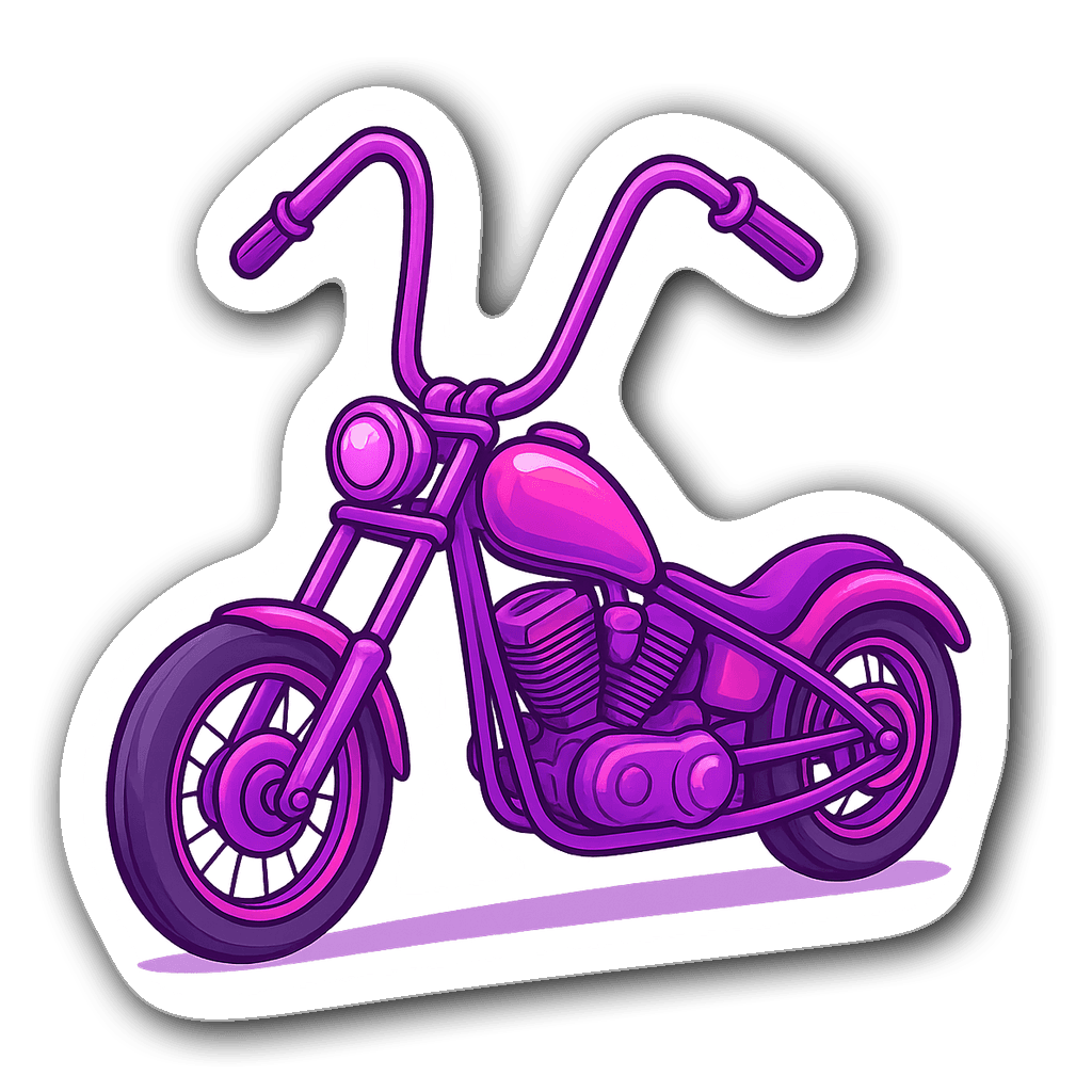 Chopper motorcycle illustrated in vibrant purples and pinks