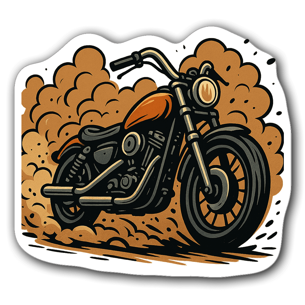 Bold illustration of a motorcycle revving up with dust