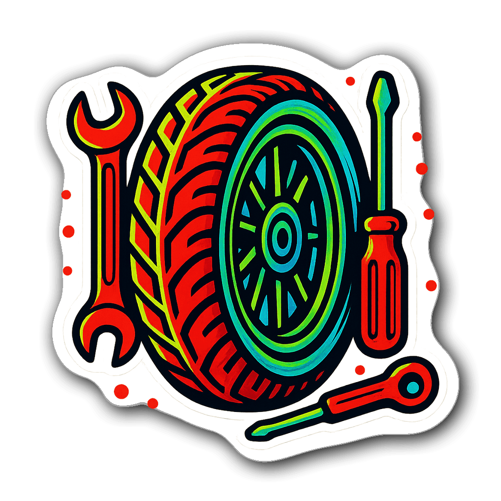 Stylized motorcycle tire sticker with tools illustration