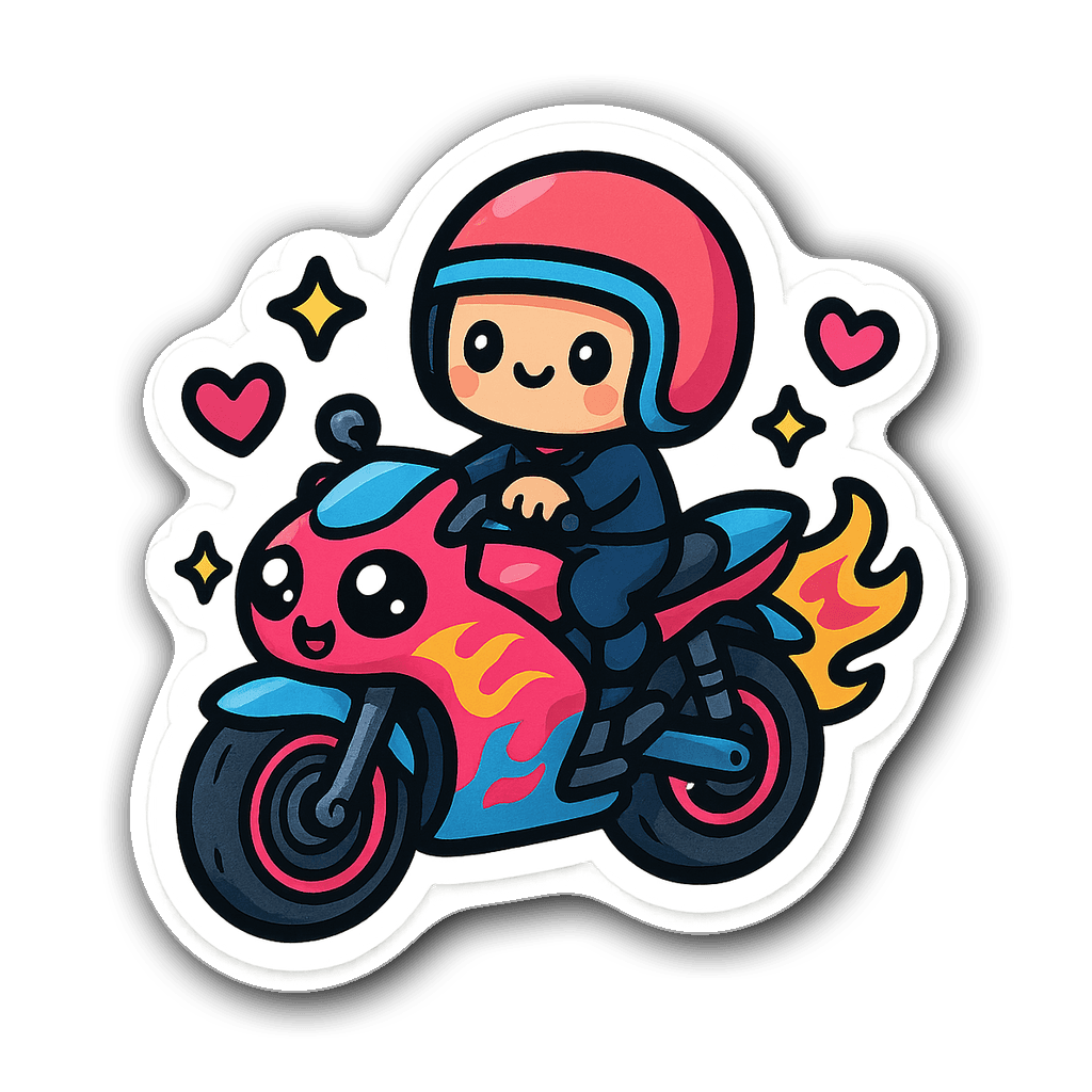 A kawaii chibi motorcycle with a cute cartoon rider and colorful flames