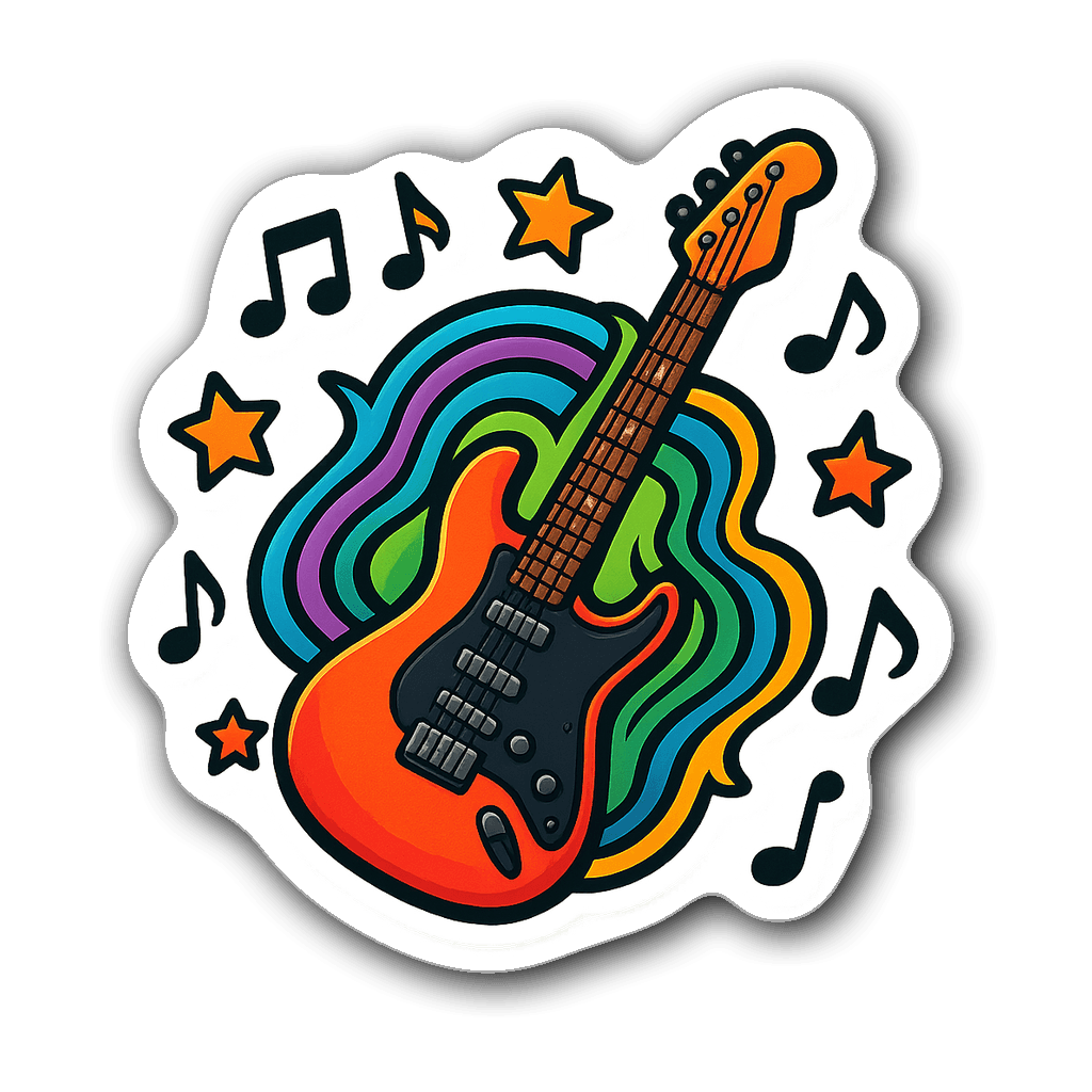 Vibrant electric guitar surrounded by colorful sound waves and notes