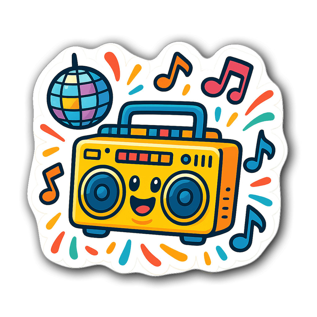 Whimsical cartoon-style boombox with disco balls and music notes