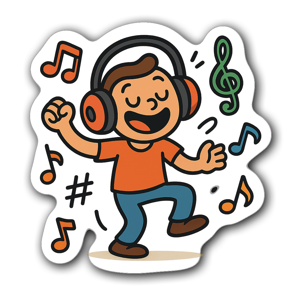 Playful character dancing with oversized headphones and music notes