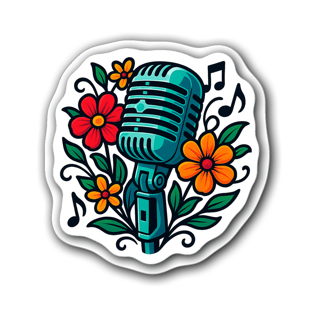 Illustrated microphone with flowers and musical notes in vibrant colors