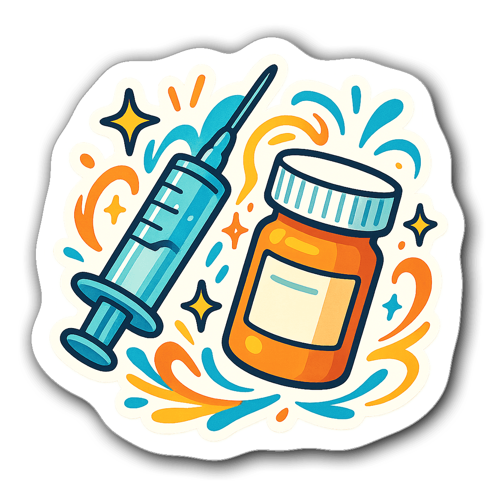 Nurse themed sticker with a syringe and pill bottle surrounded by sparkles