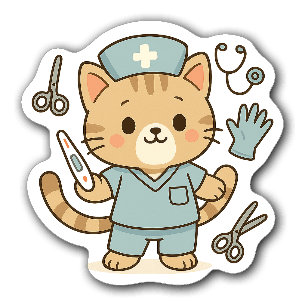 Adorable cartoon cat in scrubs holding a thermometer and medical tools