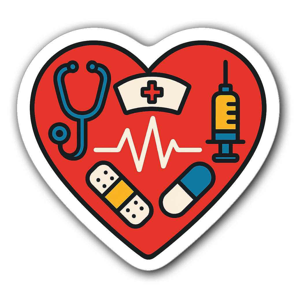Heart-shaped nursing badge sticker with medical icons