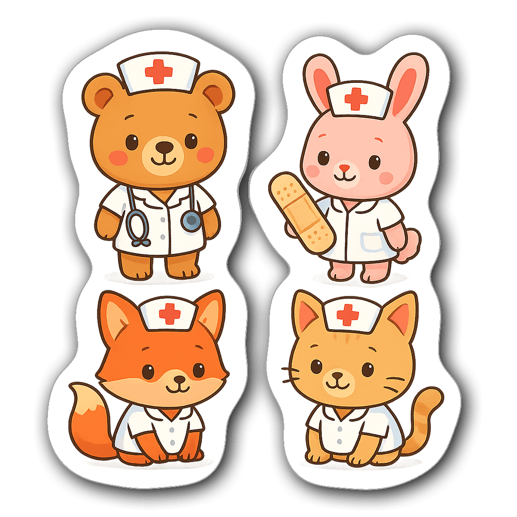 Collection of cute animals dressed as nurses, colorful illustration