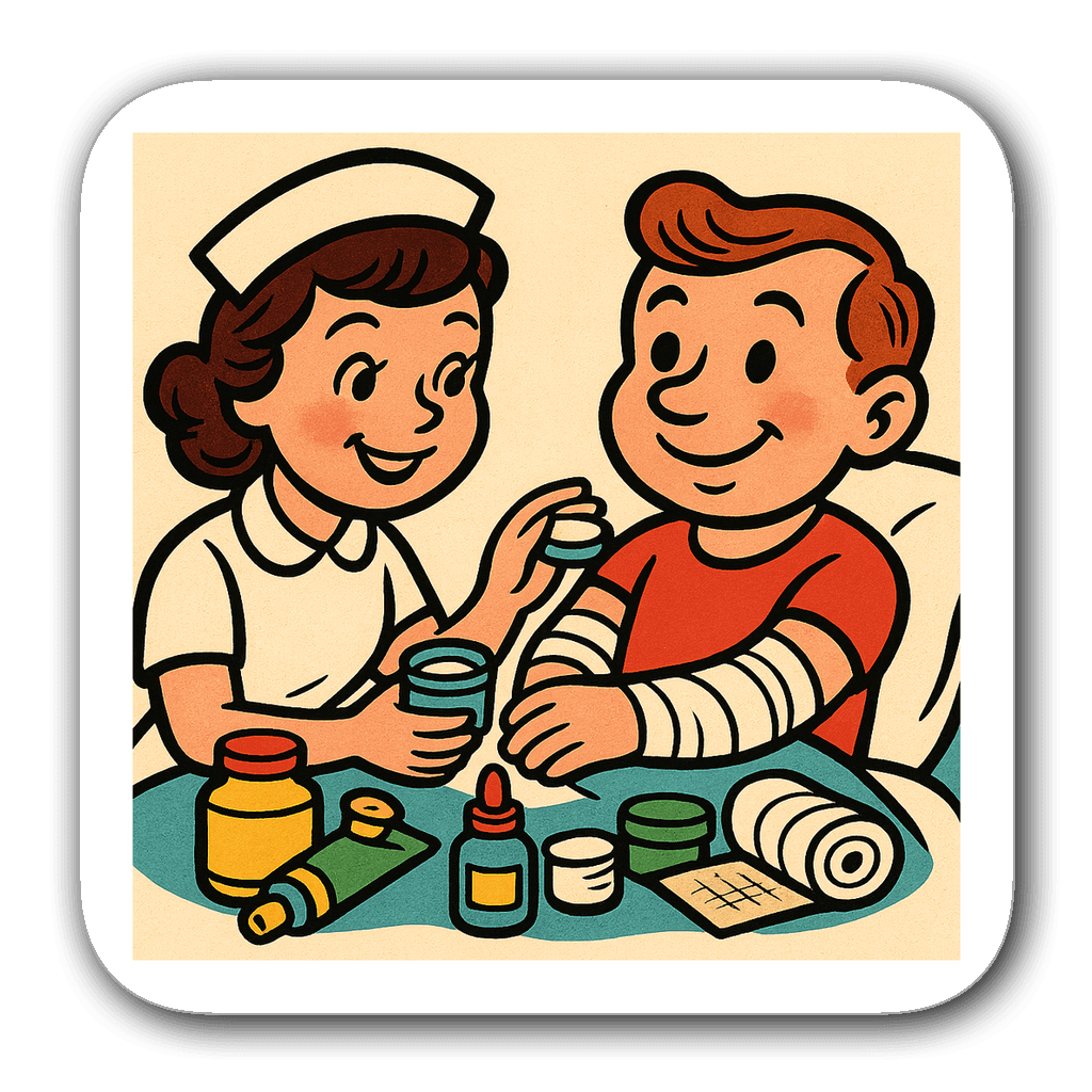 Vintage nurse delivering care to a cartoon patient illustration