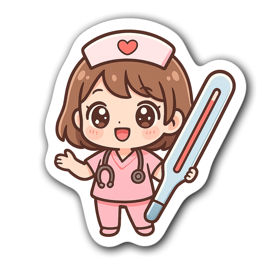 Kawaii chibi nurse with big eyes and pastel pink scrubs