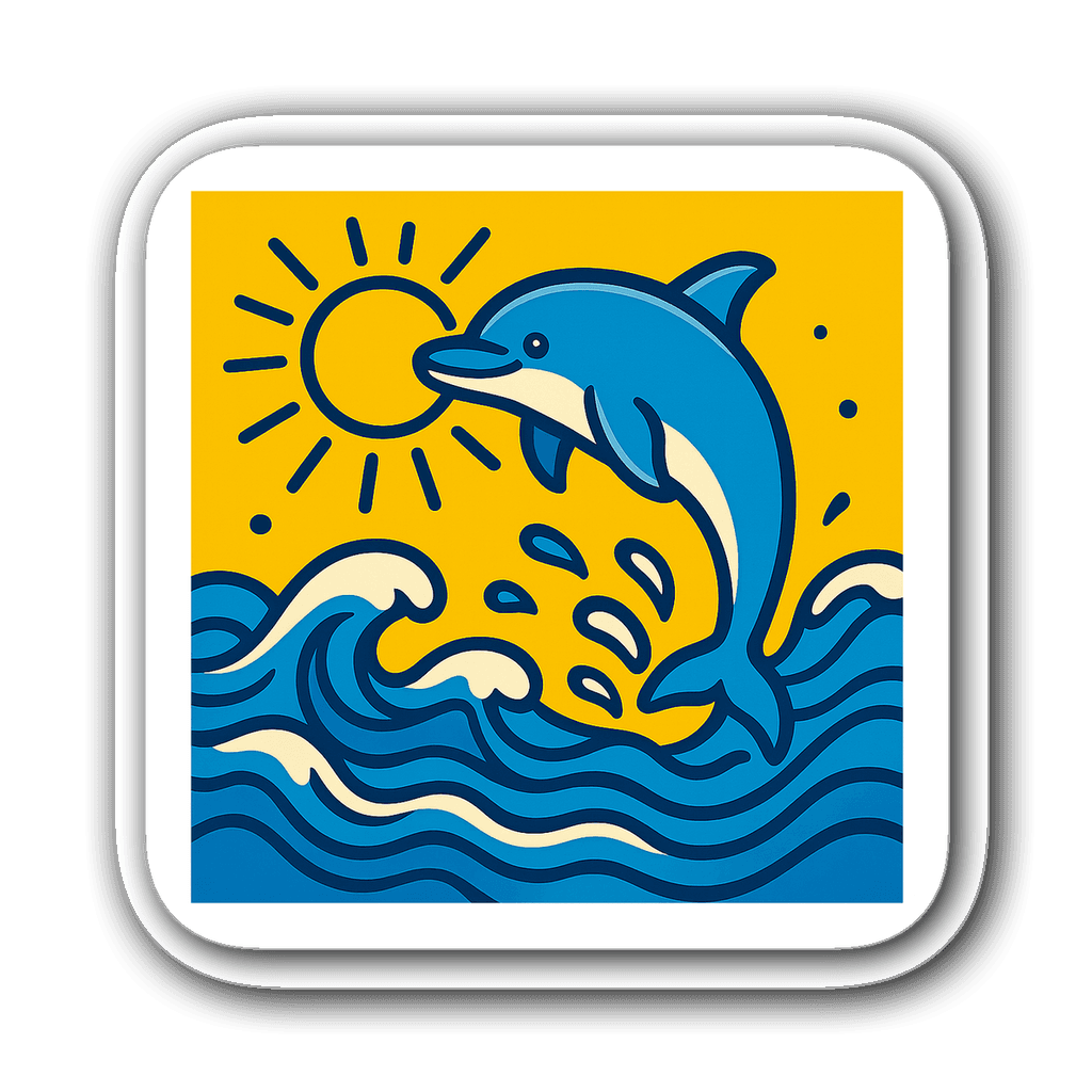 A playful dolphin leaping out of stylized waves under the sun