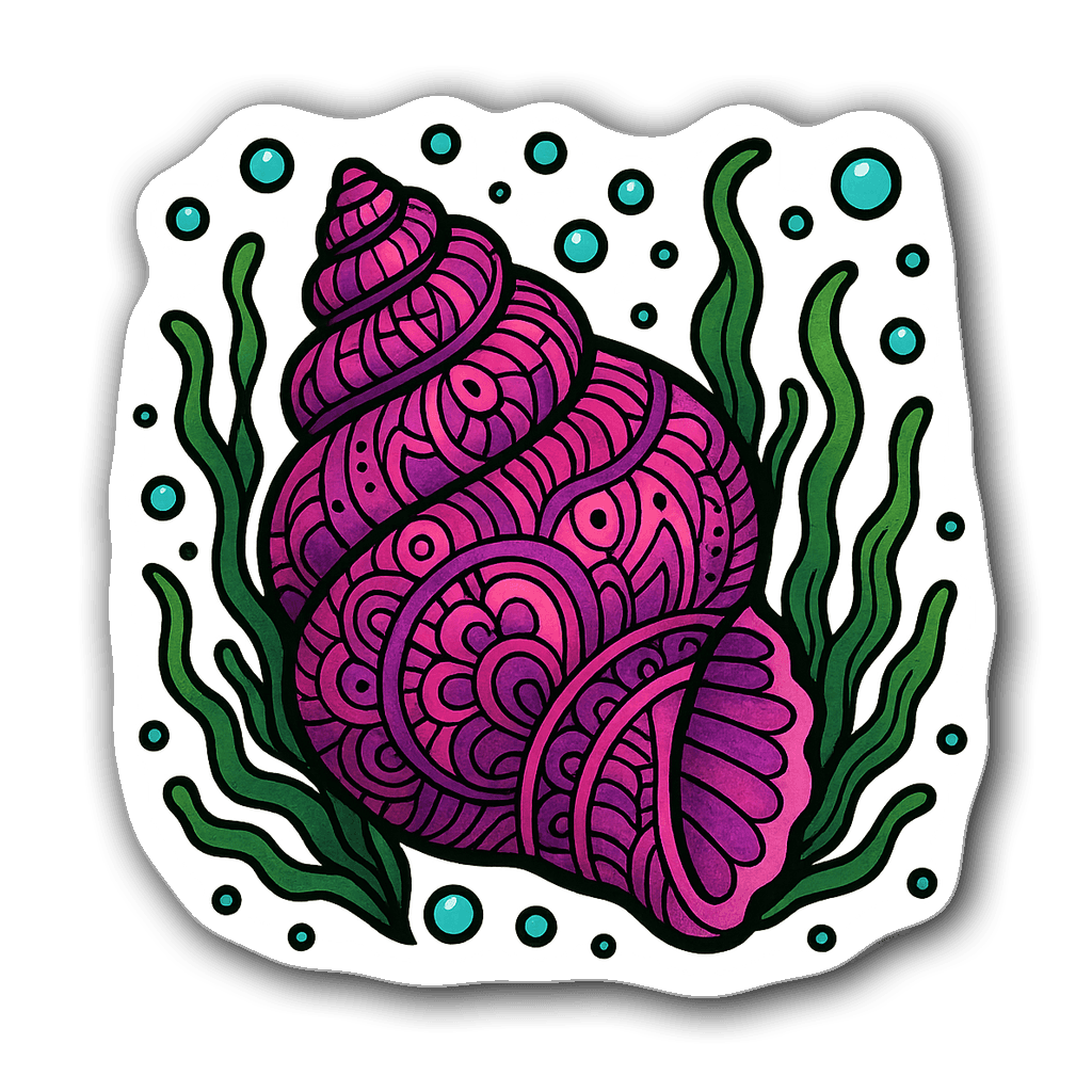 Vibrant seashell with patterns in pink and purple surrounded by bubbles.