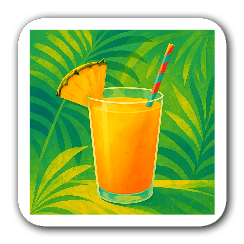 Tropical drink with straw and pineapple on palm leaves background.