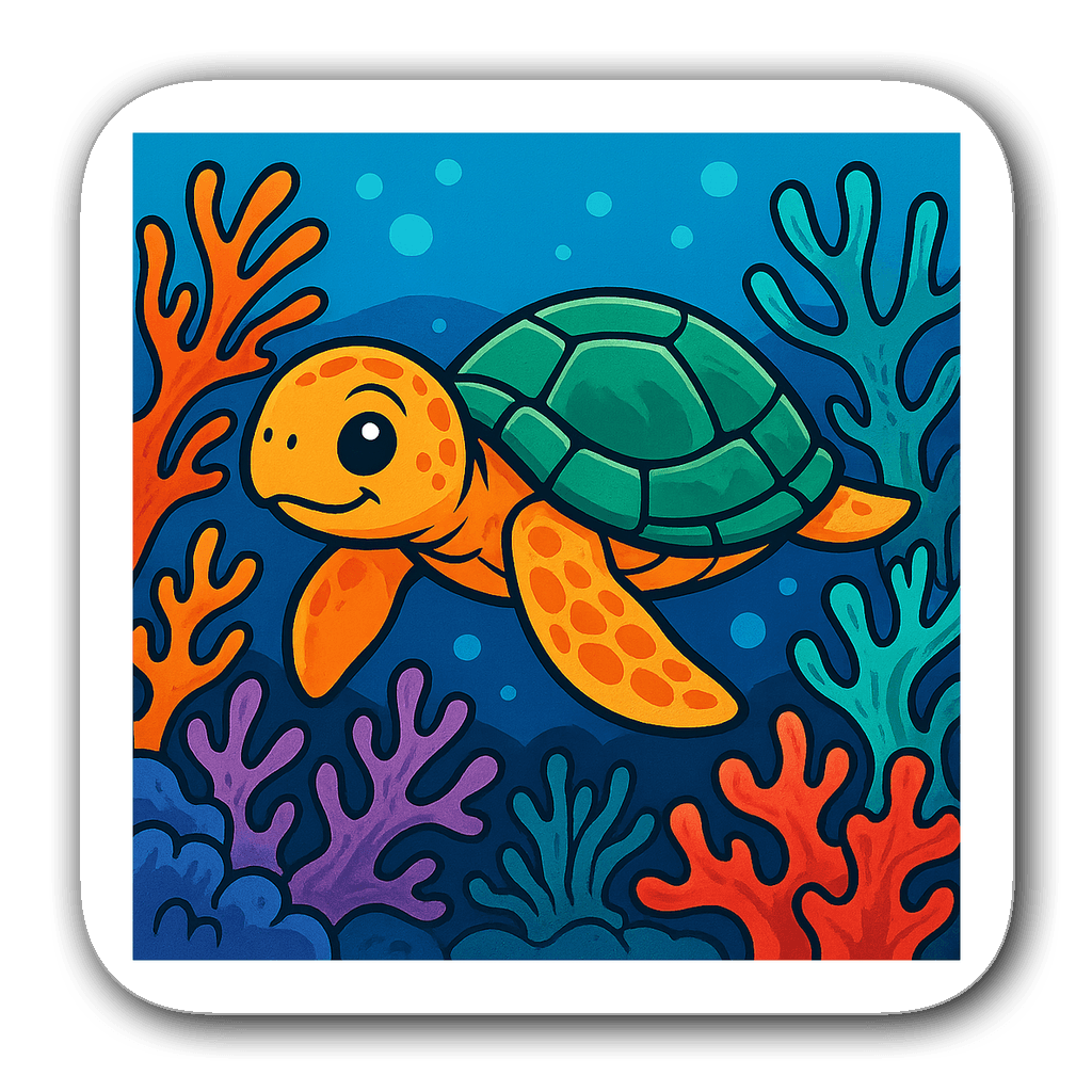 Friendly sea turtle swimming among colorful coral reefs.