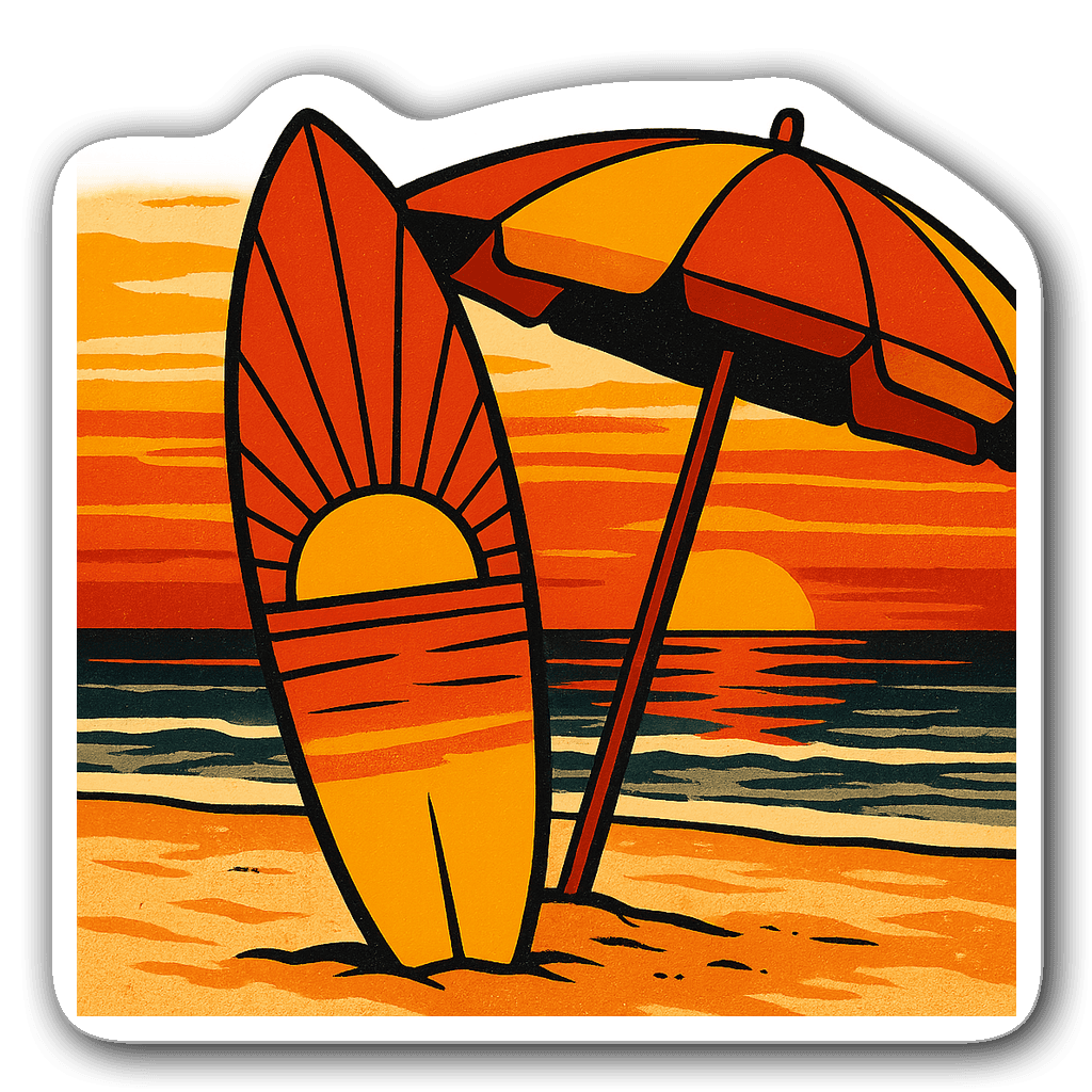Illustration of a vintage surfboard with a sunset design