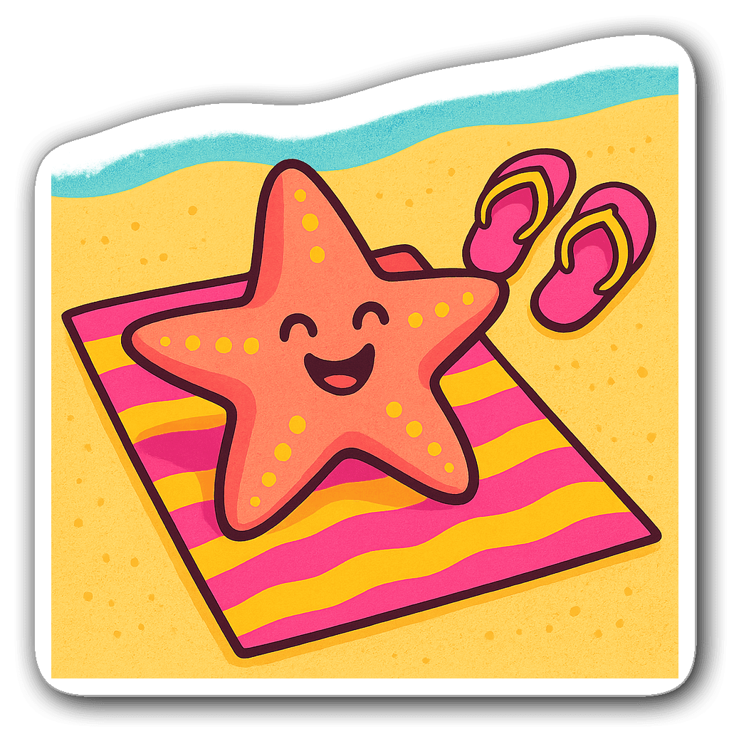 A smiling starfish on a beach towel with flip-flops
