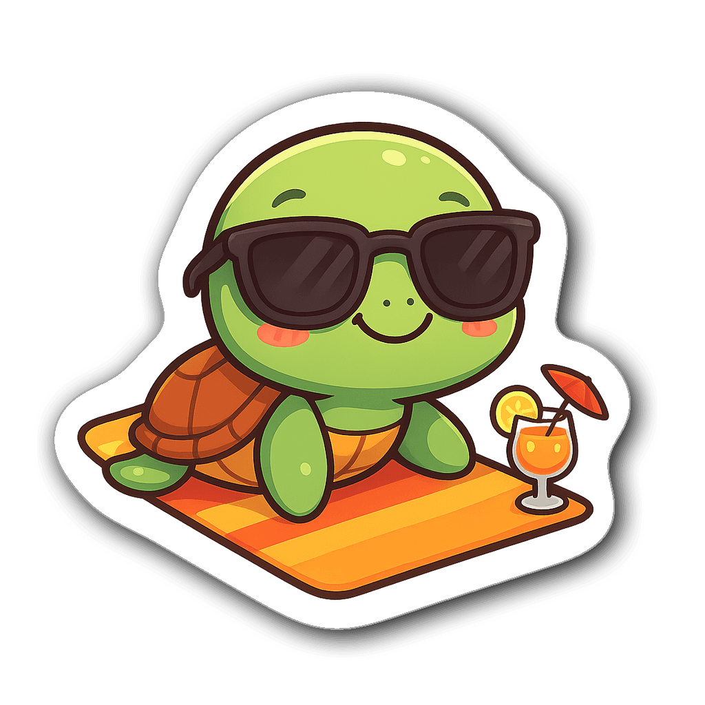 Kawaii chibi turtle wearing sunglasses on a beach towel with cocktail