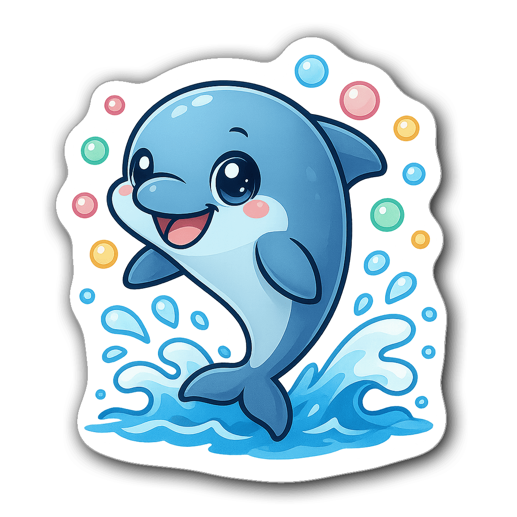 Kawaii chibi dolphin jumping over ocean waves with bubbles