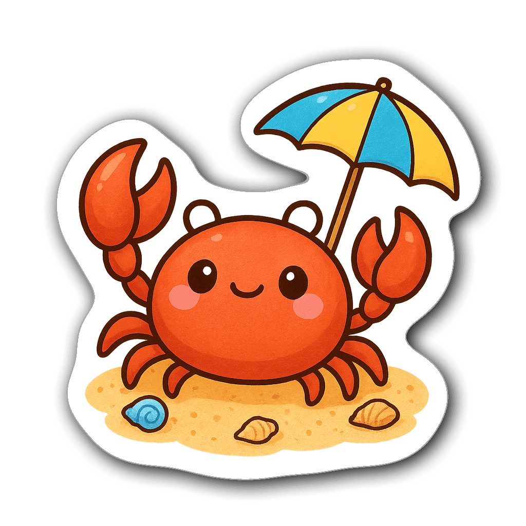 Kawaii chibi crab with beach umbrella on sand and seashells